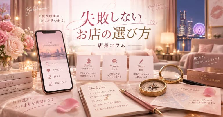 「失敗しないお店の選び方」店長コラムの生成イメージ。プロフィール・口コミ・写メ日記を調べる小物と横浜の夜景