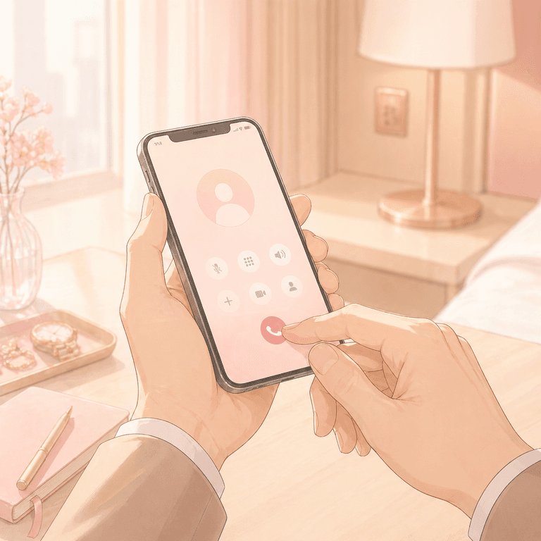 男性の手元でスマートフォンを持ち電話をかける瞬間、背景はホテル室内、柔らかい昼〜夕方の光、顔と全身は描かれていない