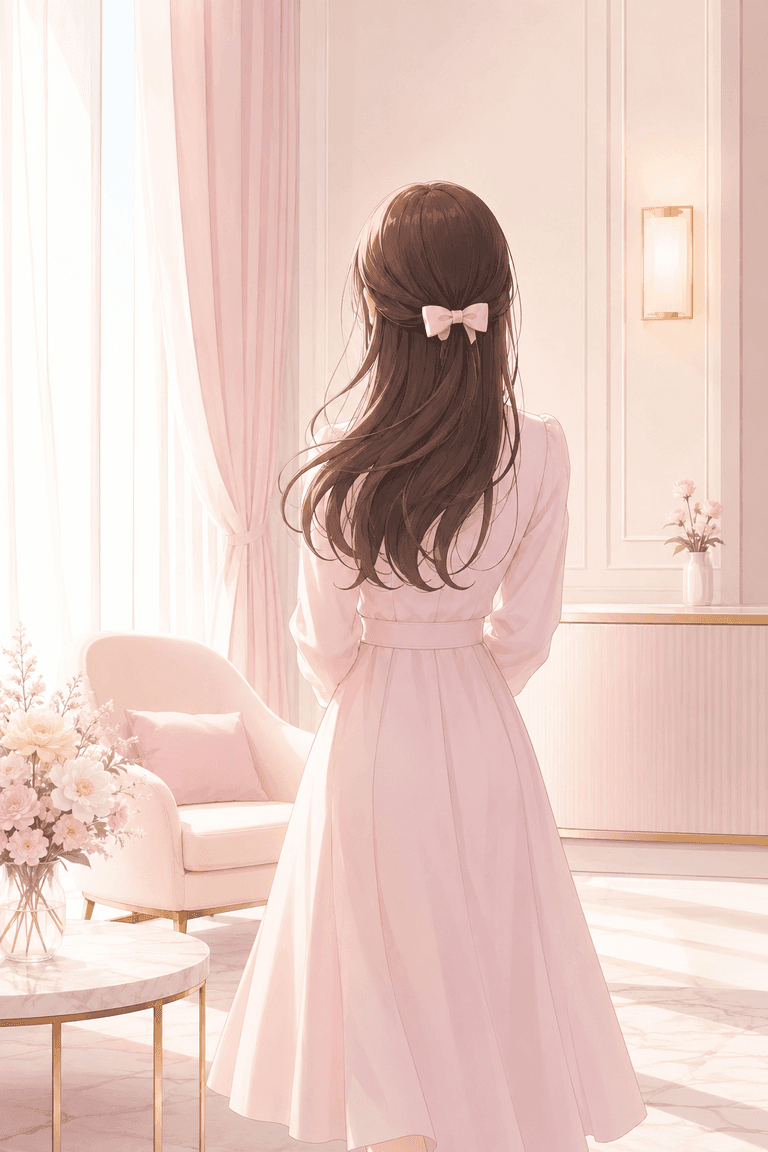 若い女性がロングヘアで後ろ姿で立つ、ライトピンクの上品なワンピース、パステルピンク背景のシンプルなホテル室内、優しく温かい雰囲気